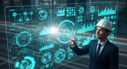Engineer interacting with futuristic data interface for industrial technology.