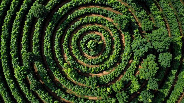 Aerial view of a circular pattern of trees and paths creating a spiral design in nature field