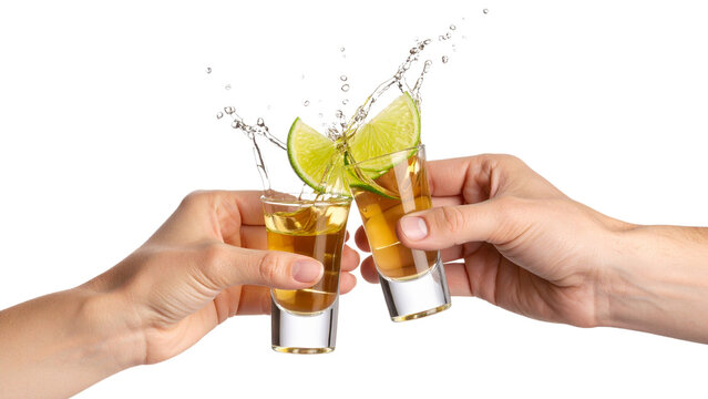 Glasses shot of tequila making toast with splash isolated on trasparent or white background, png