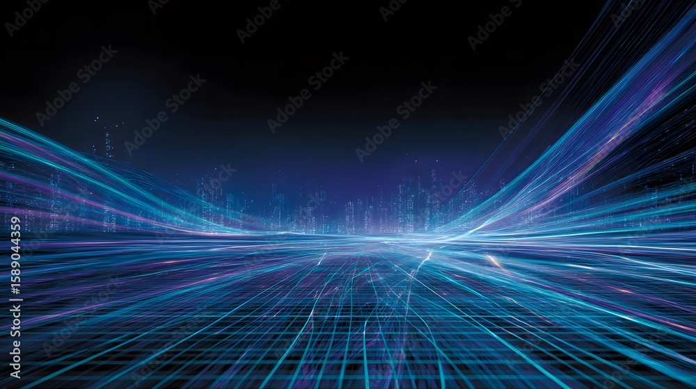 Poster dynamic digital data streams converging in a futuristic network space