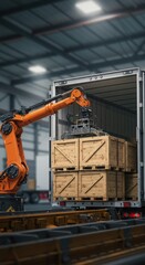 Automated warehouse robot loading crates onto truck