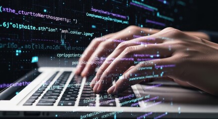Close Up of Hands Typing Code on a Laptop Keyboard with Overlay