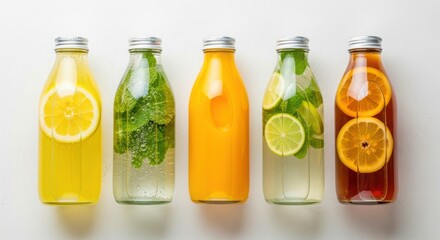 Fototapeta premium A refreshing assortment of infused water bottles with citrus fruits and mint leaves