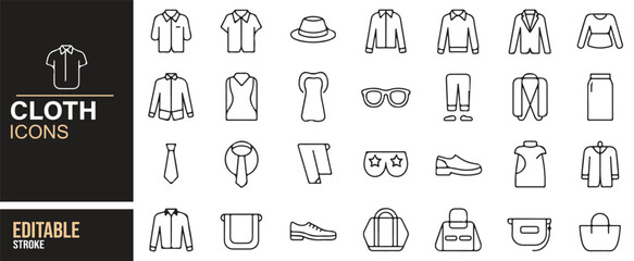 Fashion icon set for illustrating clothes, outfits, and accessories in digital and print media.
