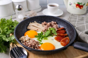 Skillet Egg,Pan Fried Egg with Toppings for morning breakfast ,thai called Khai Krata