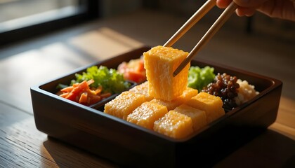 A wooden bento box holds colorful Japanese cuisine, chopsticks lifting a piece