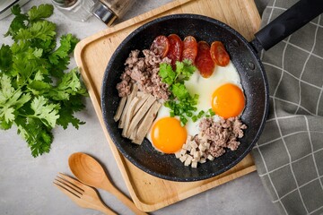Skillet Egg,Pan Fried Egg with Toppings for morning breakfast ,thai called Khai Krata