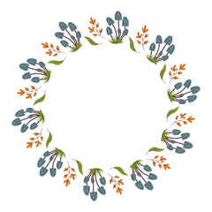 Wreath made of blue mushrooms, orange leaves, green foliage, and grass arranged in a circular shape on white background