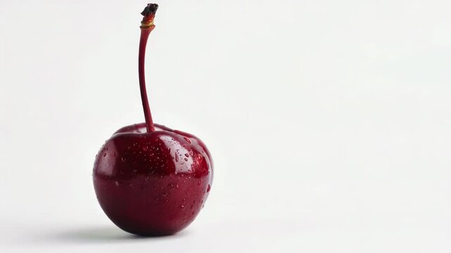 A single cherry sits on a white surface