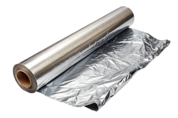 Shiny roll of aluminum foil partially unrolled with crinkled sheet isolated on a transparent background