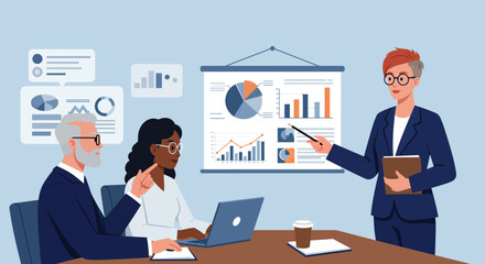 Fototapeta premium Business meeting with three people presenting and discussing charts