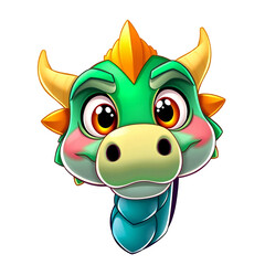 Fototapeta premium A charming digital illustration of a cute green dragon head with large eyes and playful expression.