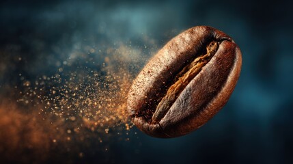 Close-up of a coffee bean with particles flying through the air against dark background.