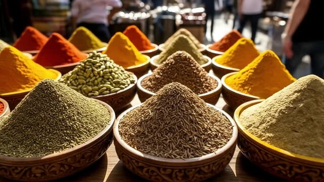 Assorted Spices Displayed in Bowls at Outdoor Market