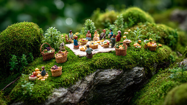 A miniature picnic scene with tiny figures and baskets of food set on a mossy rock.