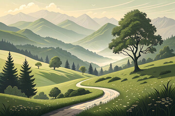 Peaceful Green Valley Illustration | Scenic Landscape with Trees and Mountains