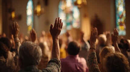 Diverse congregation of people raising hands during church service or worship session.