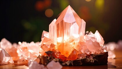 Glowing Rose Quartz Crystal Formation With Light Reflections On Wooden Surface With Blurred Background