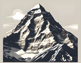 Stunning illustration of a majestic snow-capped mountain range with rugged peaks and a serene valley, featuring silhouetted pine trees, perfect for nature-themed posters or wallpapers.