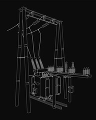A high voltage power line with a central transformer, drawn in black and white contour style. The dark background enhances the mysterious and powerful atmosphere of the electrical substation.