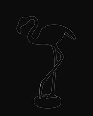 A black and white flamingo stands elegantly with a clean white contour against a dark background. The minimalist design highlights the bird's graceful silhouette. © German Ovchinnikov