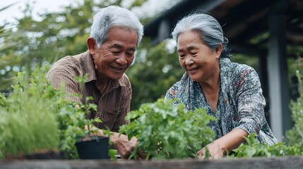 Fototapeta premium Happy senior couple gardening together asian elderly people enjoying retirement hobby outdoor lifestyle