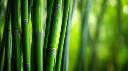 Obraz premium Close-up of vibrant green bamboo stalks growing densely in a lush forest setting.