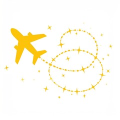 Golden Airplane Silhouette with Star Trail and Decorative Elements on White Background