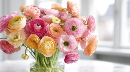 Obraz premium Beautiful pastel colored ranunculus flowers bouquet in glass vase on window sill.