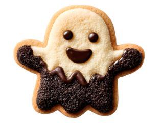 Halloween sugar cookie in ghost-shaped with smiling face, cute  Ghost gingerbread treat. isolated on transparent background with clipping path.