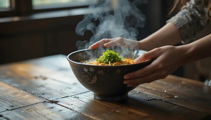 A dark bowl of steaming ramen, held by hands, sits on a wooden table