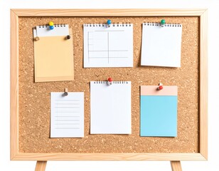 Corkboard with Variety of Colorful Papers Pinned for Notices Against White Background