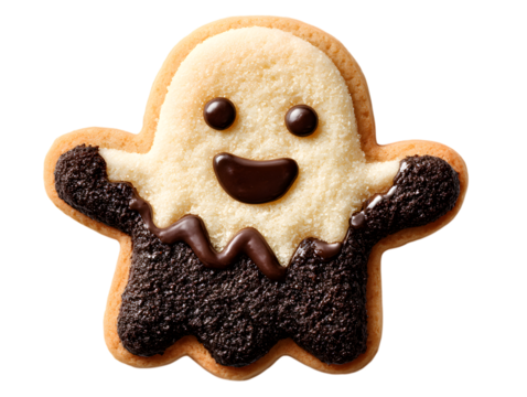 Halloween sugar cookie in ghost-shaped with smiling face, cute  Ghost gingerbread treat. isolated on transparent background with clipping path.