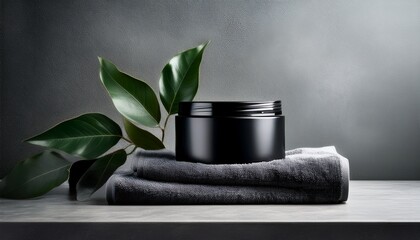 minimalist studio shot of matte black container with towel and leaves on textured background