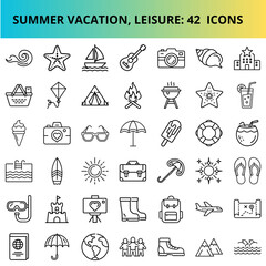 Fototapeta premium Summer vacation leisure icons in minimalist line art style 