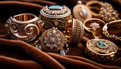 close up of jewelry pieces on a velvet background fine details close up