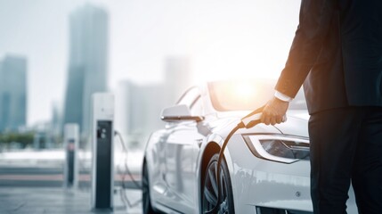 Businessperson Charging Electric Car at Charging Station in Modern Cityscape.