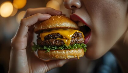 Close-up of a woman biting into a double cheeseburger.  A hand holds the burger close to a woman's mouth.  Blurred restaurant background