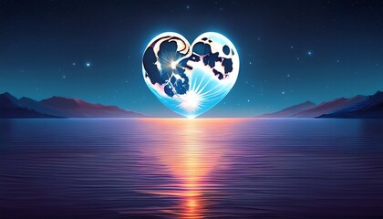 heart shaped moon over the sea at night time generative ai