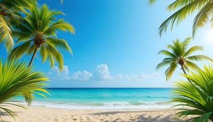 Tropical beach scene framed by palm trees. Sunny, vibrant, and tranquil