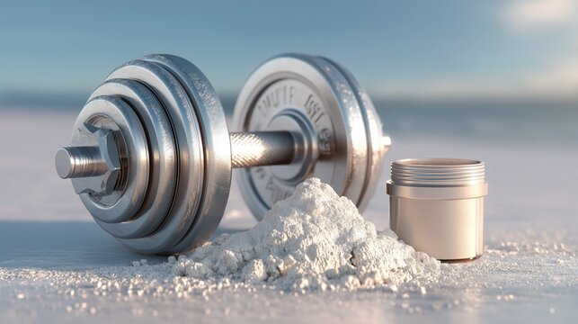 Dumbbell and Protein Powder on Beach Sand with Ocean Background