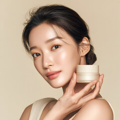 a young model holding a facial cream in plain background 