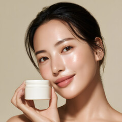 a young model holding a facial cream in plain background 