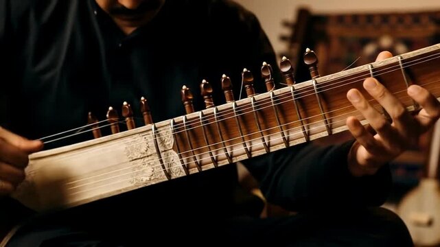 Playing Sitar Close-up in Warmly Lit Music Room