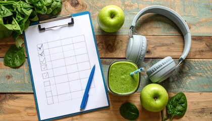 Overhead View Of Green Smoothie And Apples On Wooden Desk With Notepad And Headphones