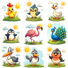 Fototapeta premium Set of cute cartoon birds chick, tit, goose, penguin, flamingo, peacock, pelican, sparrow, bullfinch on sunny outdoor grass
