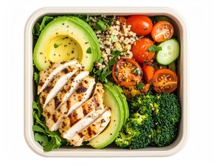 Overhead View of Grilled Chicken Salad Bowl with Avocado Tomatoes Broccoli and Quinoa in a White Background