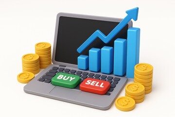 Financial Growth and Trading: A sleek laptop displays financial charts and the call to action Buy and Sell, representing the dynamic world of trading and market growth.