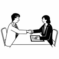 Obraz premium Line art of two businesspeople sitting across a table shaking hands, contract document between them, minimalist black and white outline, professional style