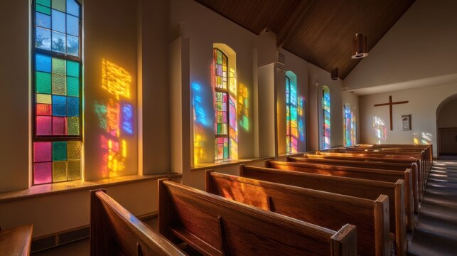 Vibrant stained glass windows in church interior with wooden pews and cross.